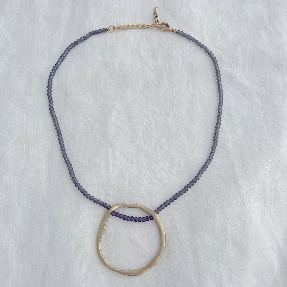 Brass-Colored Ring and Purple Bead Statement Necklace
